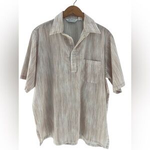 Vintage Lilly Dache Men's Short Sleeve Shirt Tan Stripe  Retro Design  1970's